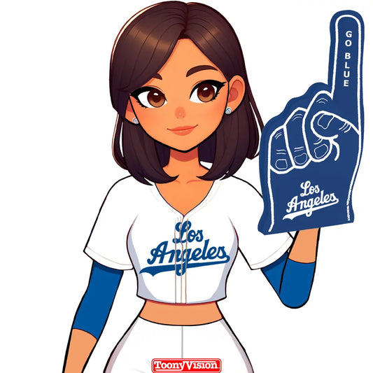 Caricatura mujer con dedo #1 azul estilo Dodgers — creada desde selfie.