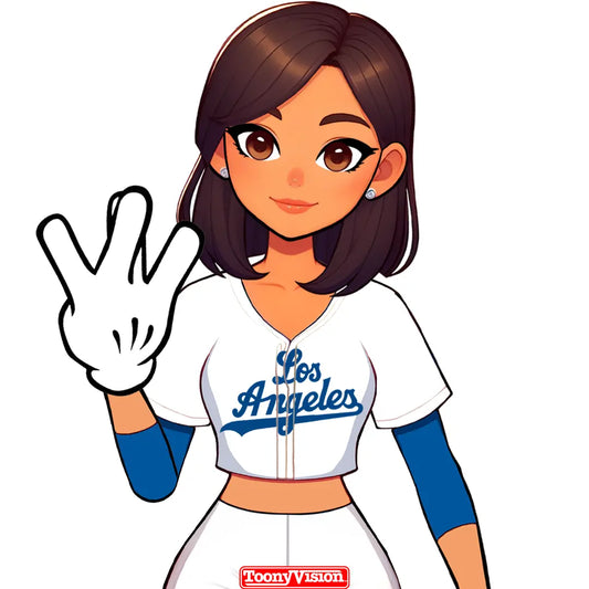 Mujer avatar animada haciendo señal W con guante blanco — estilo Dodgers personalizada.