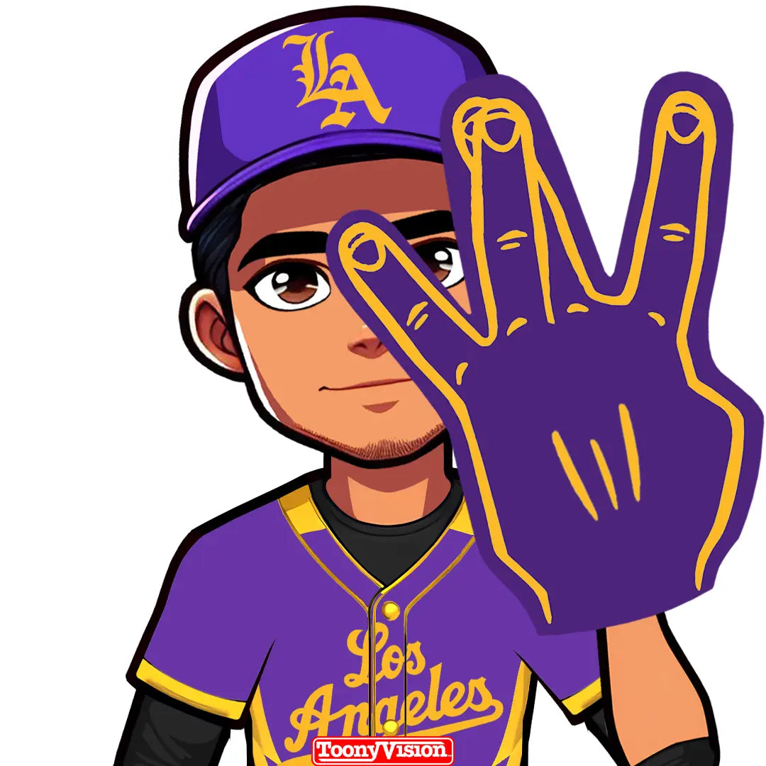 Avatar animado haciendo señal W con guante de espuma — estilo Lakers, personalizado.