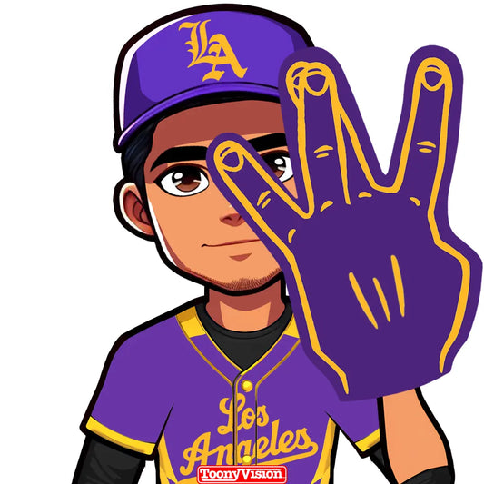 Avatar animado haciendo señal W con guante de espuma — estilo Lakers, personalizado.