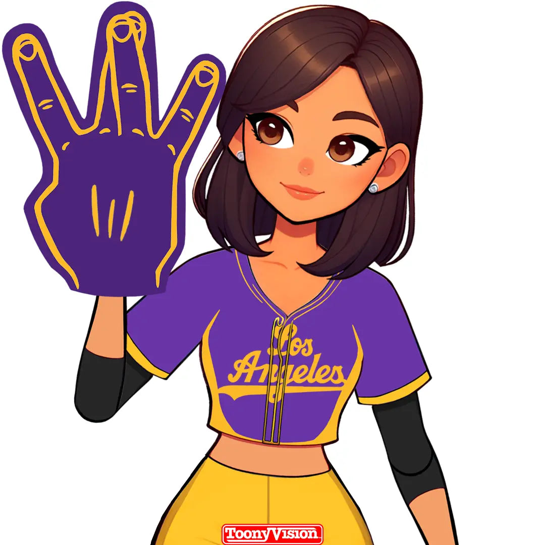 Caricatura mujer haciendo gesto W con guante púrpura estilo Lakers — personalizada.