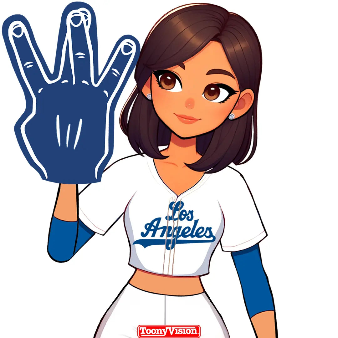 Caricatura femenina con guante azul señalando W estilo Dodgers — personalizada desde selfie.