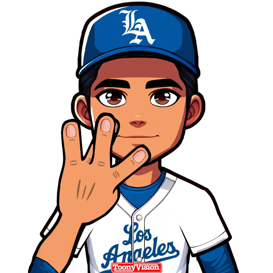 Caricatura con señal W en estilo West Coast Dodgers — basada en selfie personalizada.