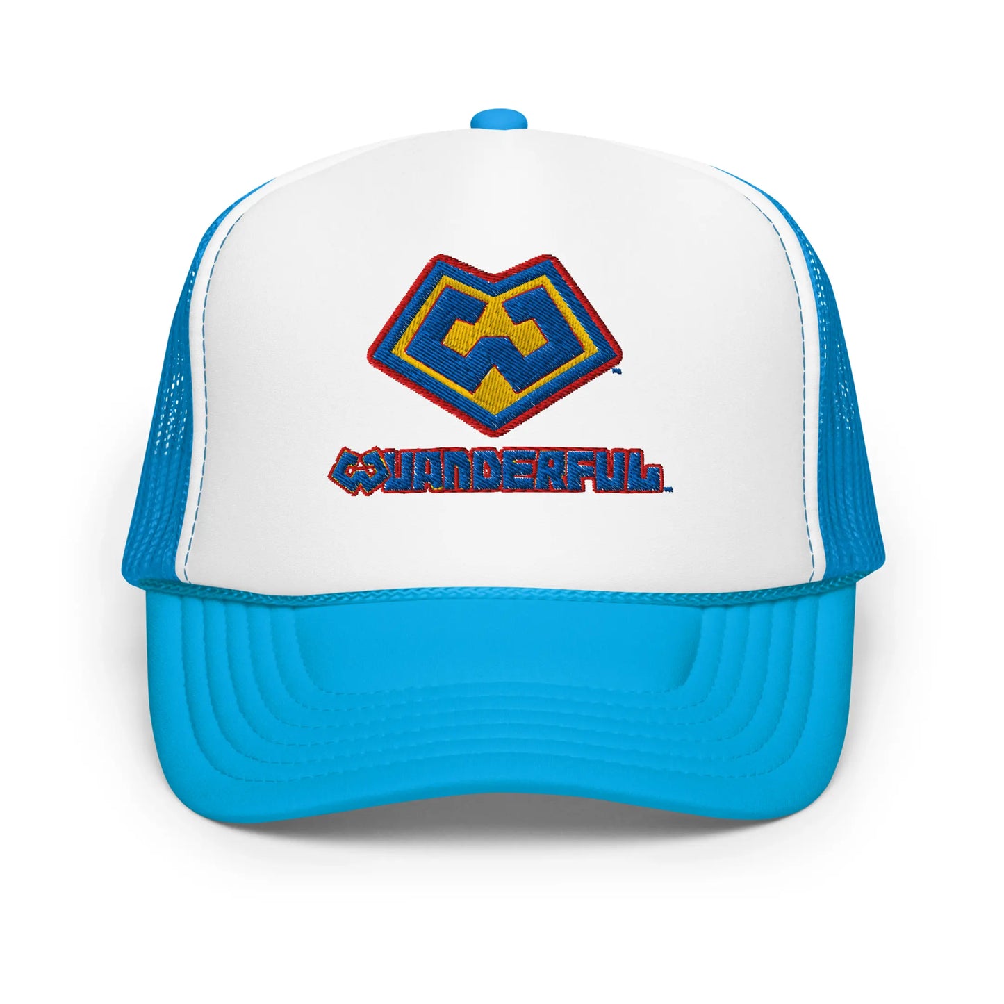 Gorra estilo trucker color azul verdoso y blanco con logotipo Wuanderful Locos, edición limitada