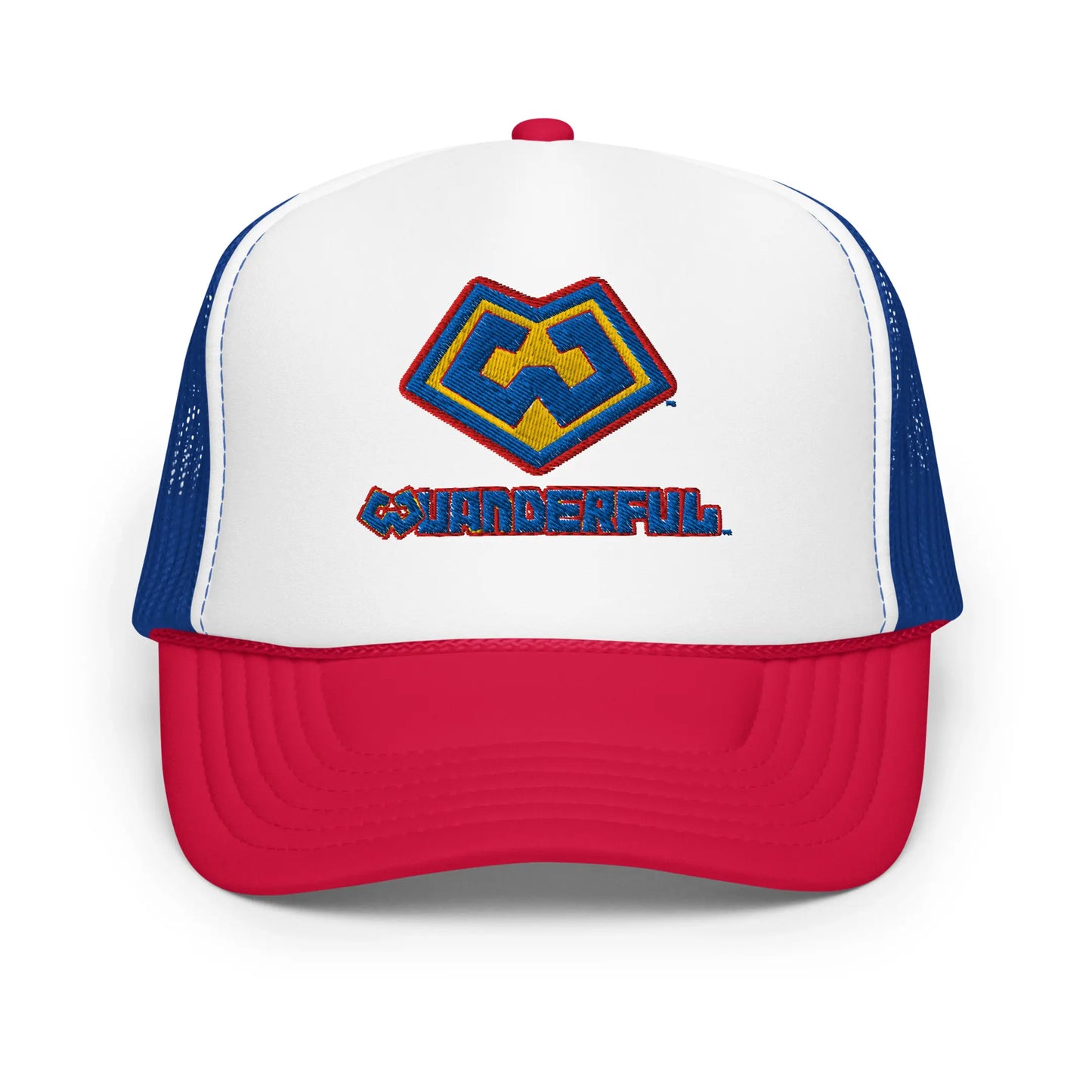 Gorra estilo trucker color rojo, azul y blanco con logotipo Wuanderful Locos, edición limitada