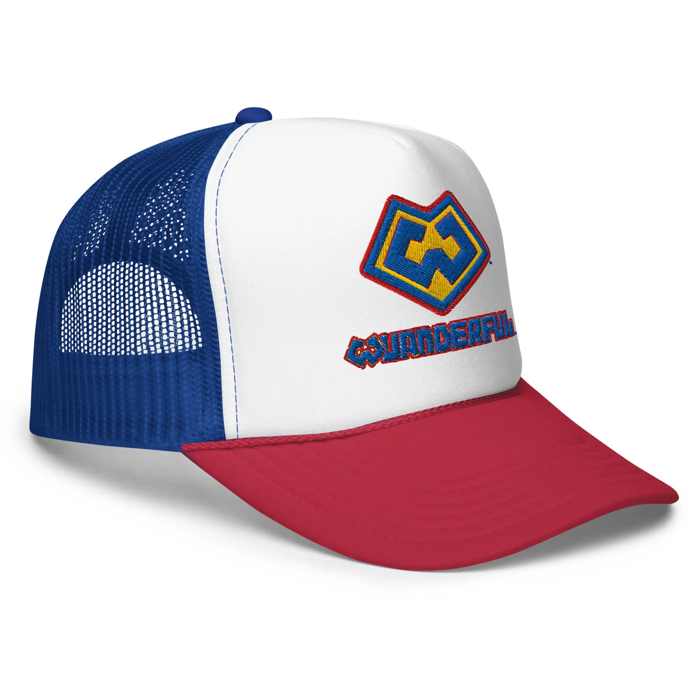 Vista lateral de gorra estilo trucker con logotipo Wuanderful Locos, edición limitada