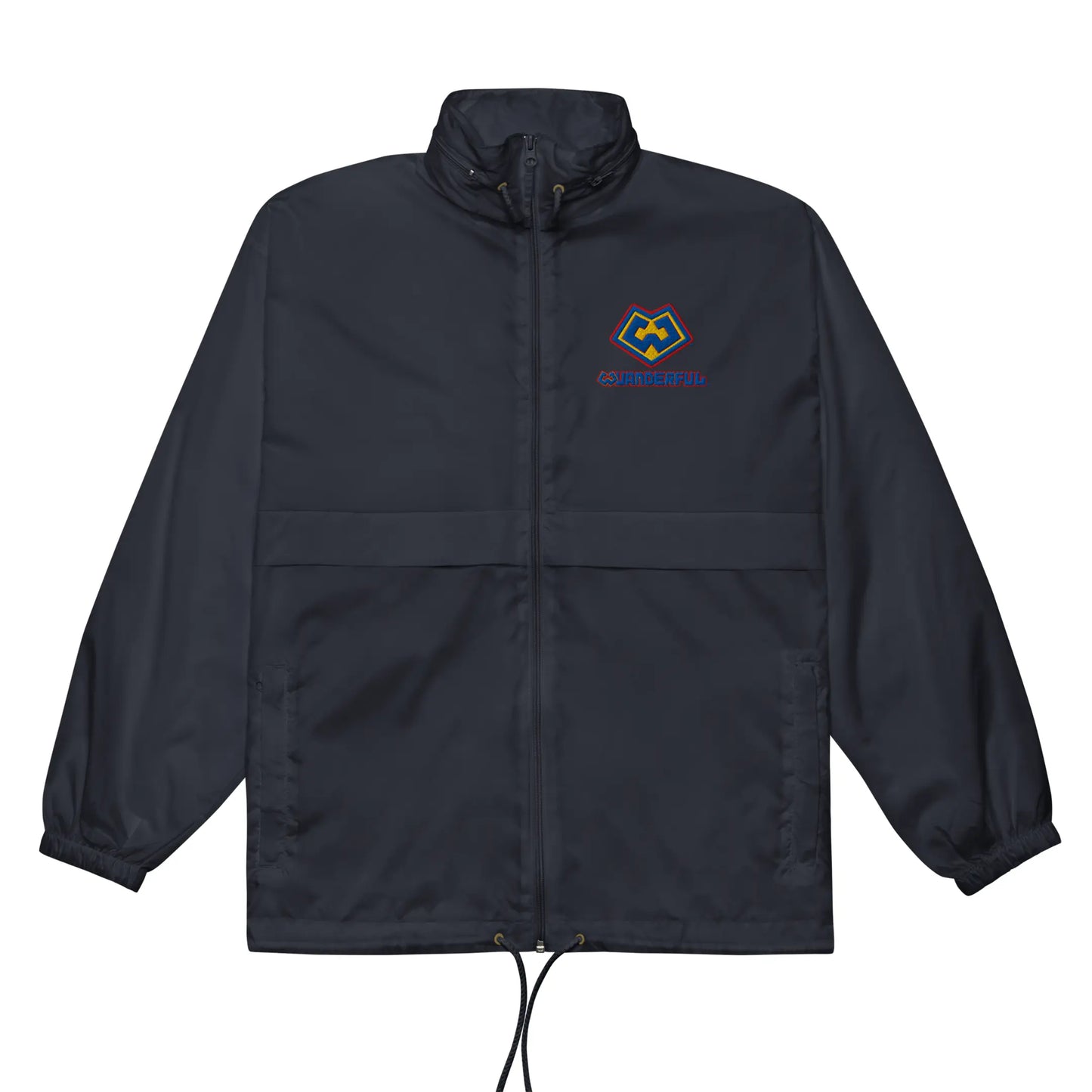 Vista frontal de rompevientos impermeable color azul marino con logotipo de Wuanderful Locos