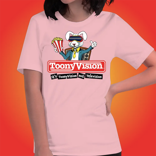 Camiseta rosa gráfica para mujer con logo ToonyVision y estilo animado.