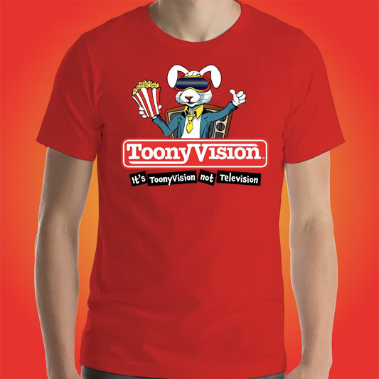 Hombre vistiendo playera roja premium ToonyVision con logo de animación.