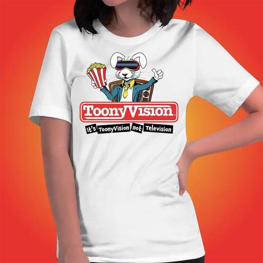 Mujer vistiendo playera blanca premium ToonyVision Studios con logo oficial y corte femenino.