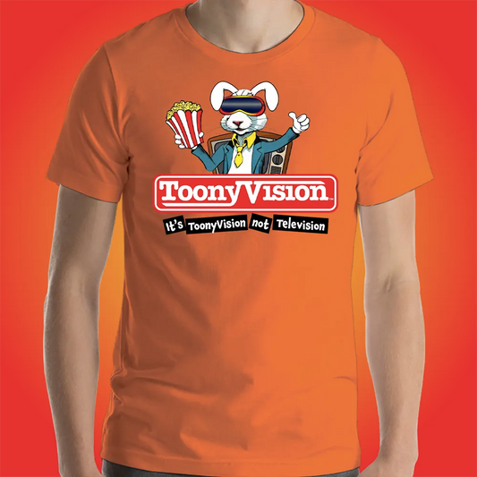 Camiseta naranja ToonyVision Studios para hombre con diseño de caricatura.