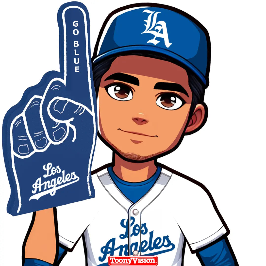 Caricatura con dedo de espuma azul señalando “#1” estilo Dodgers — basada en foto real.