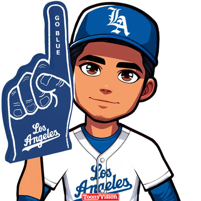 Caricatura con dedo de espuma azul señalando “#1” estilo Dodgers — basada en foto real.