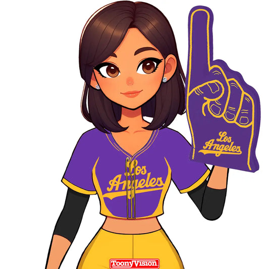Avatar femenina caricaturizada sosteniendo dedo #1 de espuma Lakers — personalizada.