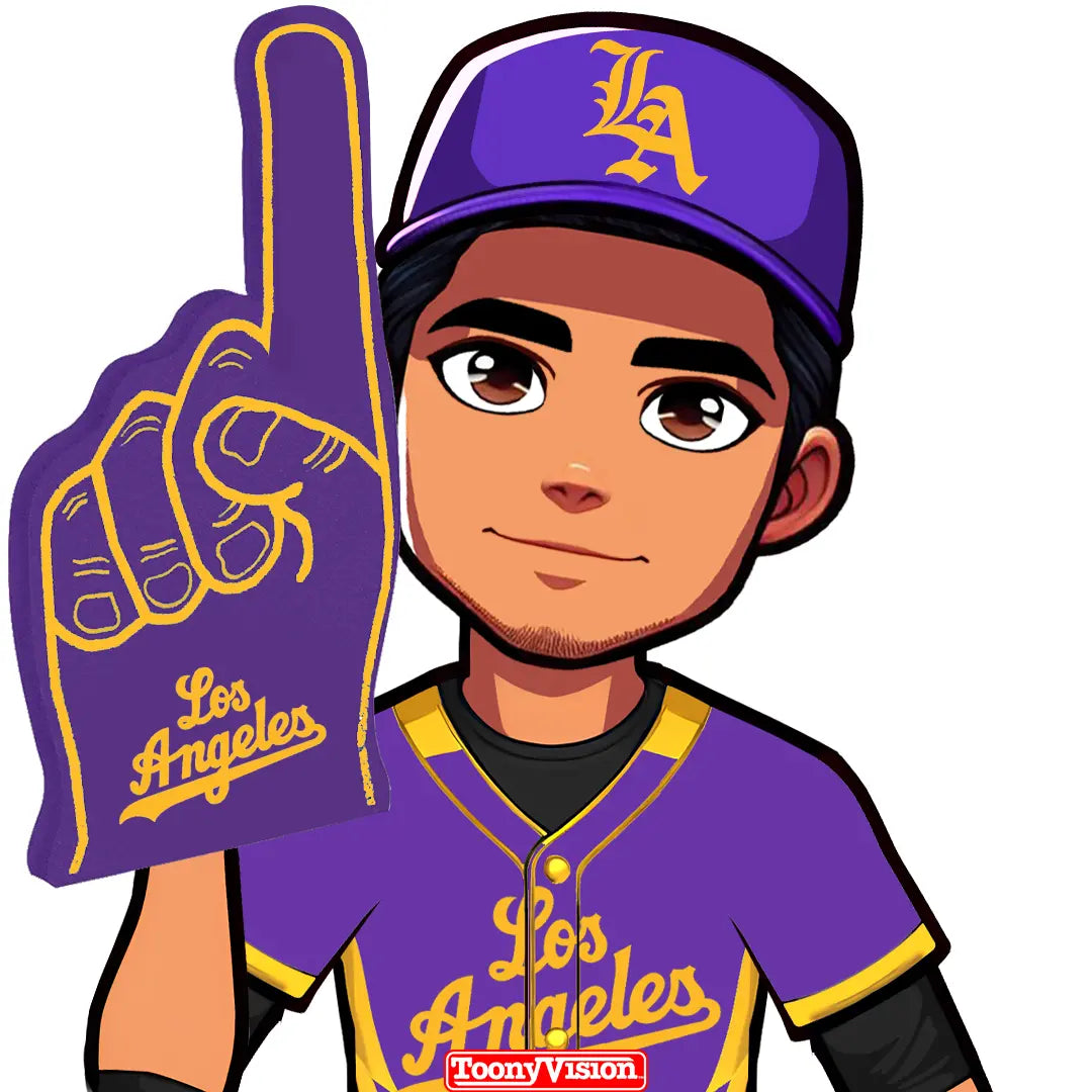 Caricatura con dedo espuma #1 en colores Lakers — personalizada desde selfie.