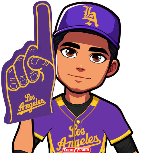 Caricatura con dedo espuma #1 en colores Lakers — personalizada desde selfie.