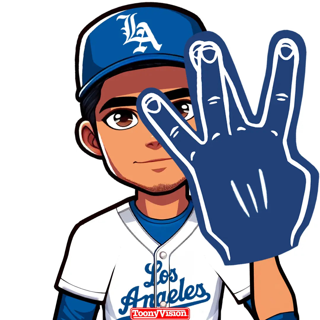 Caricatura animada con guante azul gigante haciendo la señal W estilo Dodgers — personalizada desde selfie.