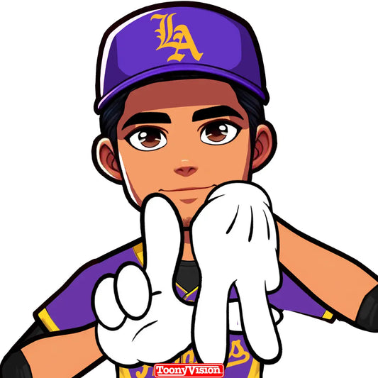 Avatar animado con guante blanco haciendo señal LA — estilo Lakers personalizado.
