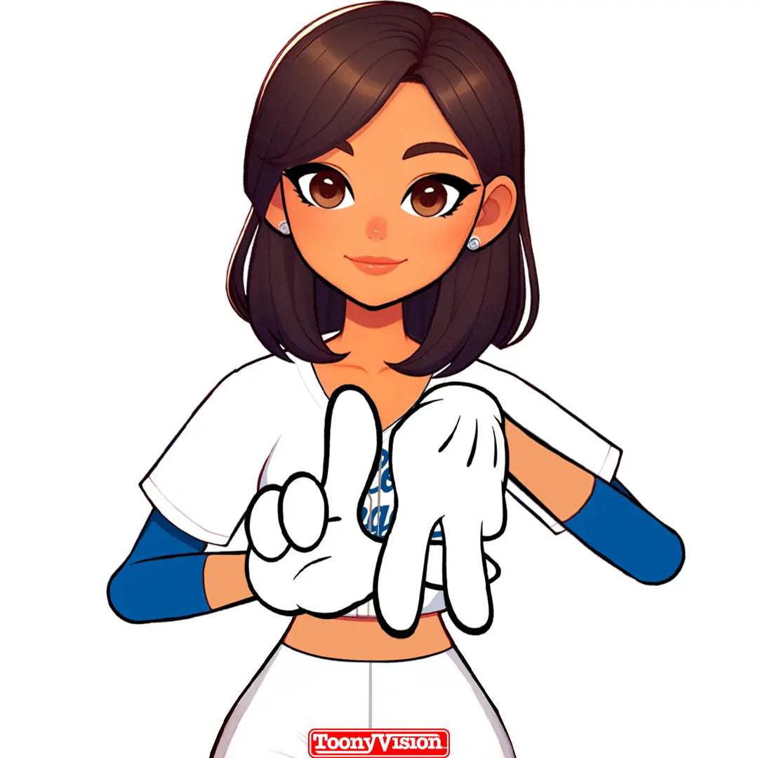Avatar animada femenina con guante blanco haciendo la señal LA estilo Dodgers.