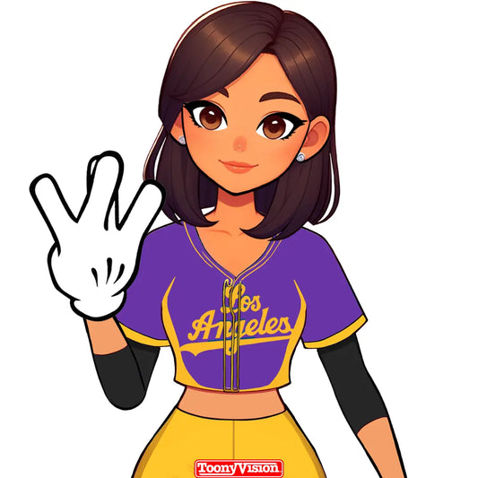 Avatar animada mujer lanzando señal W con guante blanco — fan Lakers.