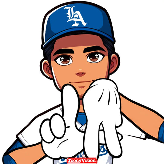 Avatar caricaturizado con guante blanco haciendo señal L + A — estilo Dodgers.