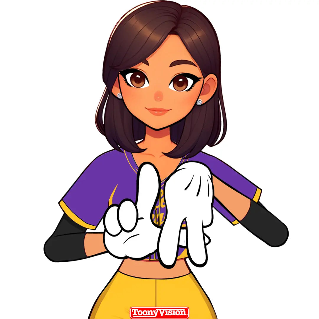 Avatar mujer haciendo señal LA con guante blanco — fan Lakers estilo caricatura.