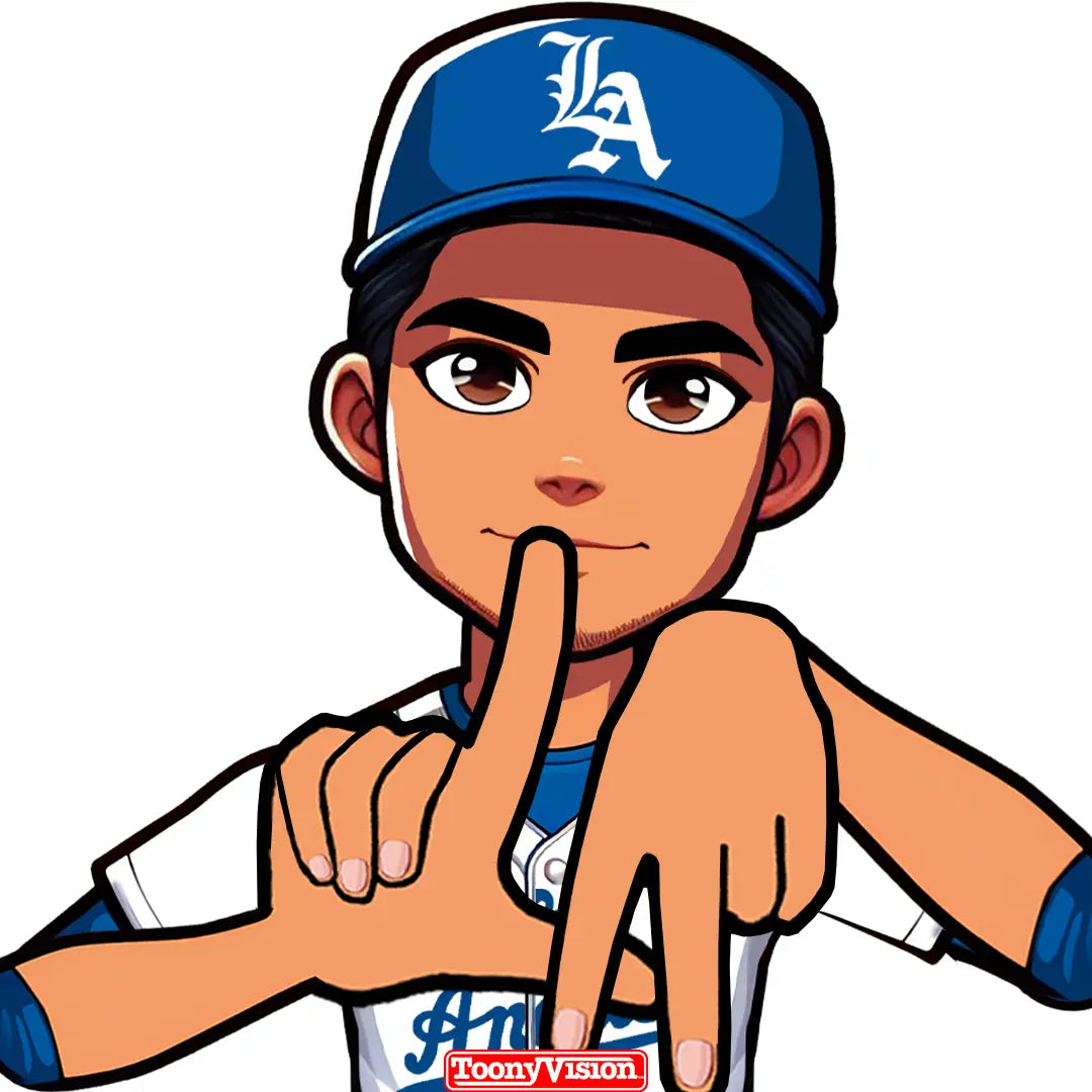 Avatar caricaturizado con gesto de L + A en colores de Dodgers — creado desde selfie.