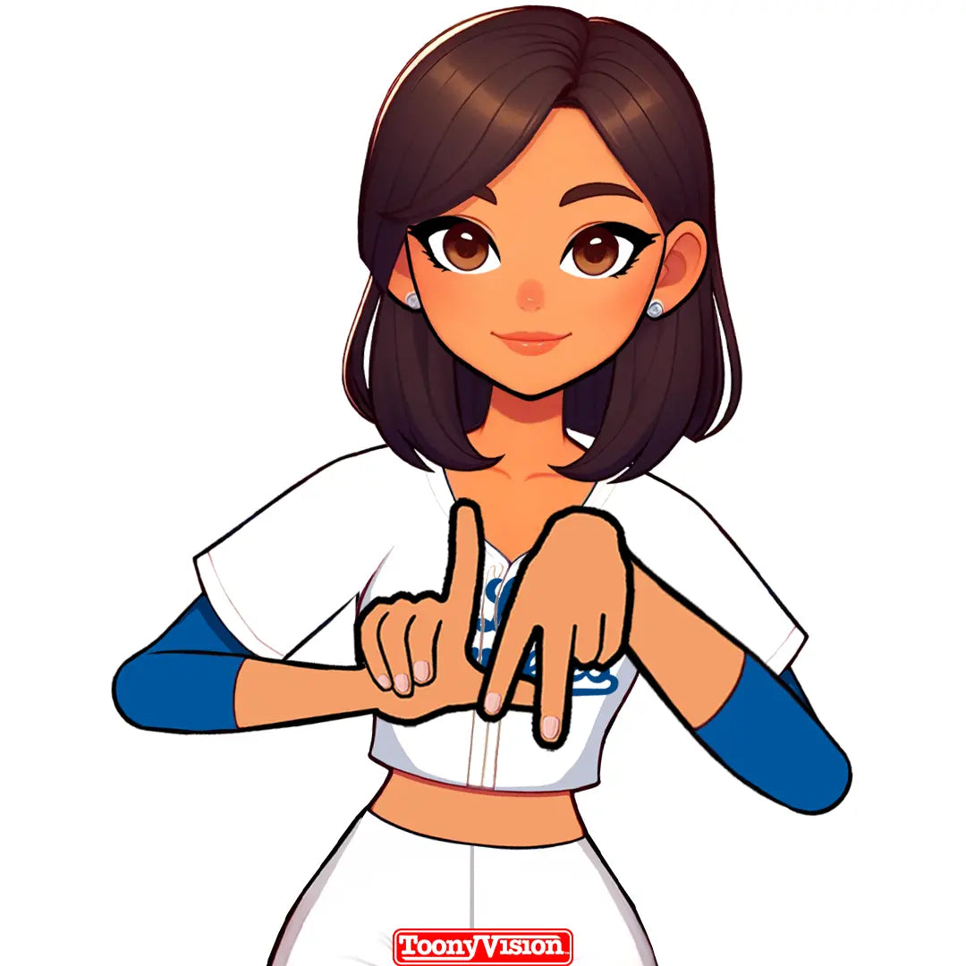 Caricatura femenina haciendo la señal LA en azul Dodgers — creada desde selfie.