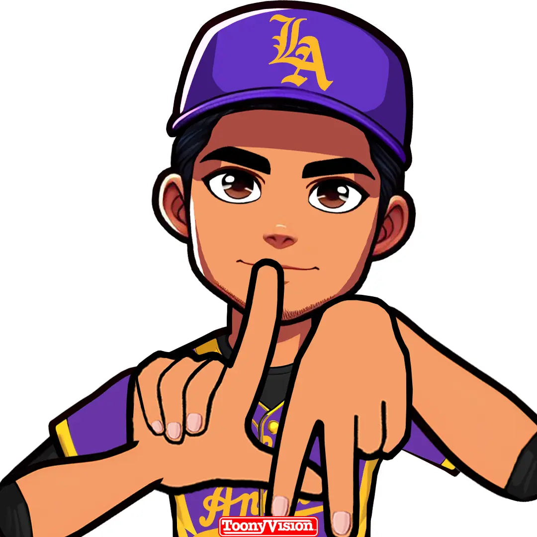 Avatar en caricatura haciendo la señal LA con colores Lakers — personalizado desde selfie.