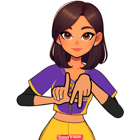 Avatar mujer caricatura haciendo señal LA en estilo Lakers — personalizado.