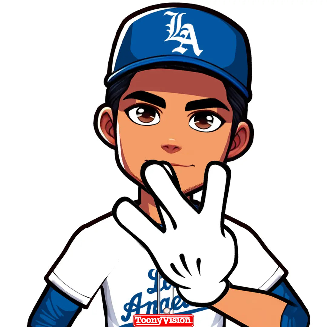 Avatar estilo caricatura haciendo la señal W con guante blanco — temática Dodgers personalizada.