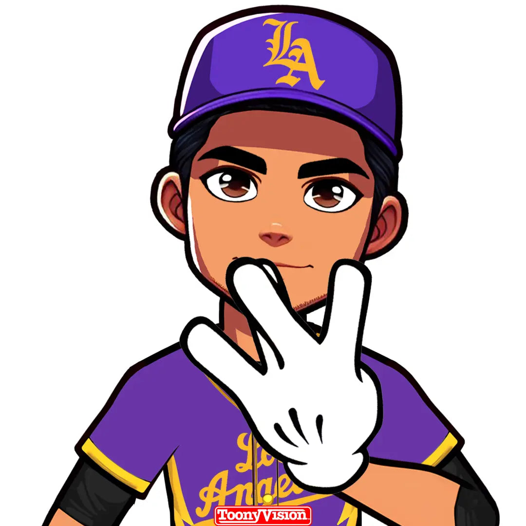Caricatura Lakers haciendo señal West Coast con guante blanco — personalizada.