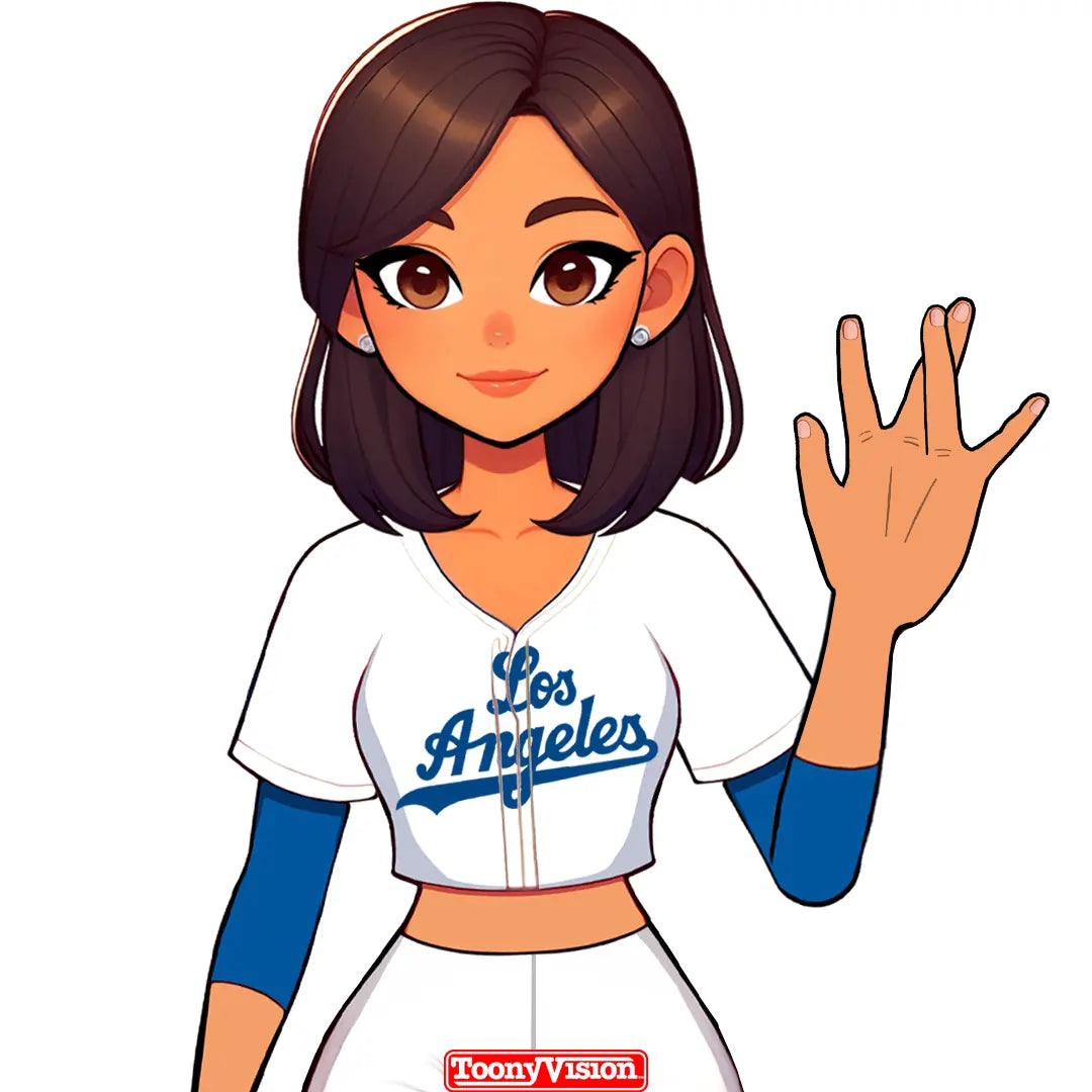 Caricatura mujer haciendo gesto W en estilo Dodgers azul — personalizada desde selfie.