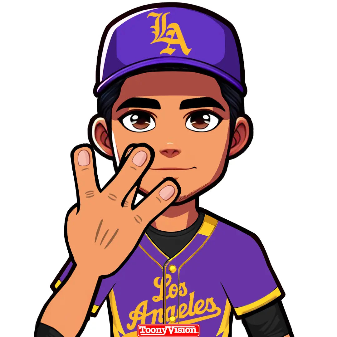 Avatar animado haciendo la señal West Coast con colores Lakers — personalizado desde selfie.