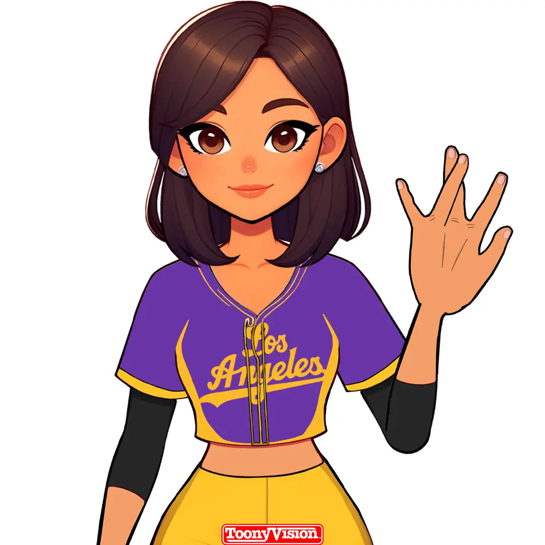 Avatar mujer haciendo señal W en colores Lakers — animado personalizado.
