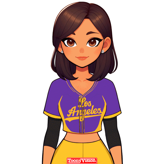 Caricatura animada chica Lakers con dedo #1 púrpura — hecho desde selfie.