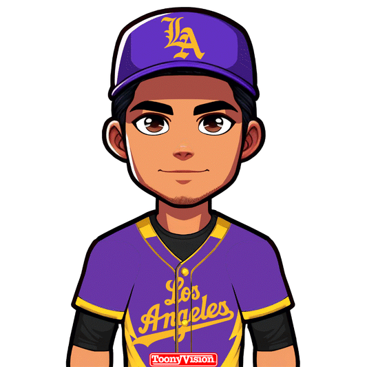 Caricatura animada lanzando señal LA en púrpura y dorado — personalizada estilo Lakers.