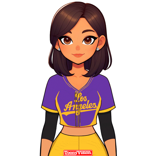 Fan Lakers animada lanzando señal LA en púrpura y dorado — personalizada desde selfie.