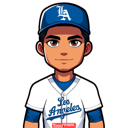 Personaje animado haciendo gesto W con guante blanco y estilo Dodgers — personalizado desde foto.