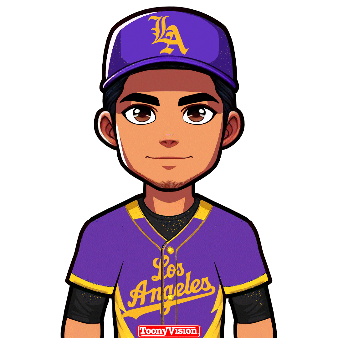 Avatar animado fan Lakers haciendo señal W con guante blanco — personalizado desde selfie.