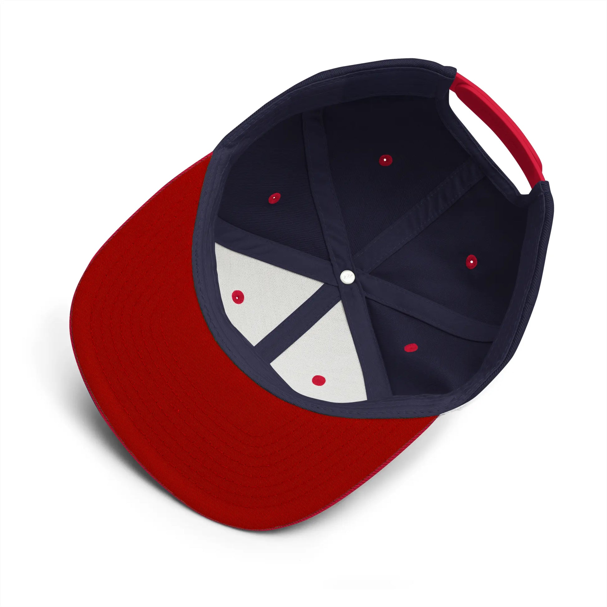 Vista inferior de gorra snapback rojo y azul marino con logotipo Wuanderful Locos