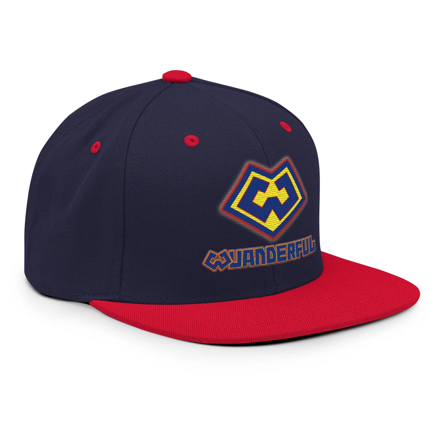 Vista lateral de gorra snapback rojo y azul marino con logotipo Wuanderful Locos