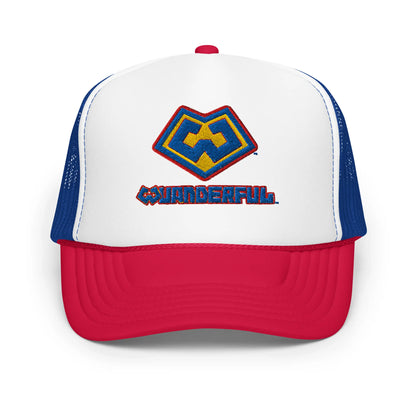 Gorra estilo trucker color rojo, azul y blanco con logotipo Wuanderful Locos, edición limitada