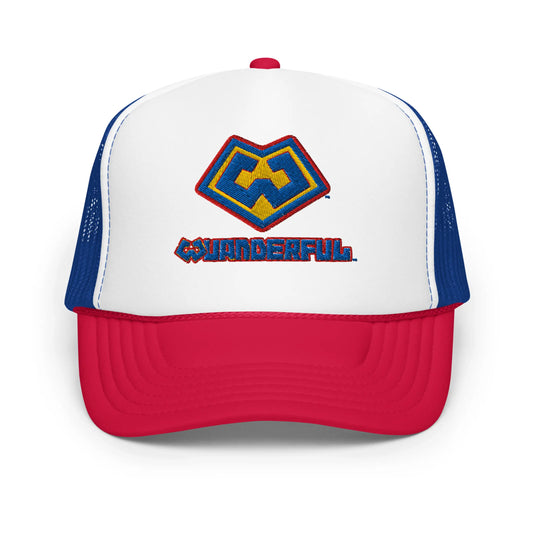 Gorra estilo trucker color rojo, azul y blanco con logotipo Wuanderful Locos, edición limitada