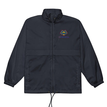 Vista frontal de rompevientos impermeable color azul marino con logotipo de Wuanderful Locos