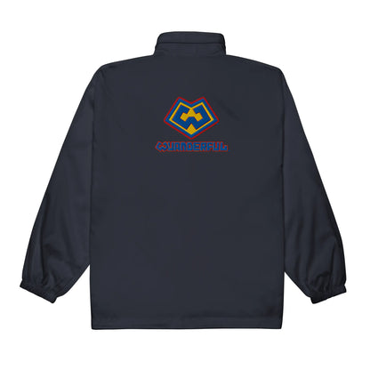 Vista trasera de rompevientos impermeable color azul marino con logotipo de Wuanderful Locos