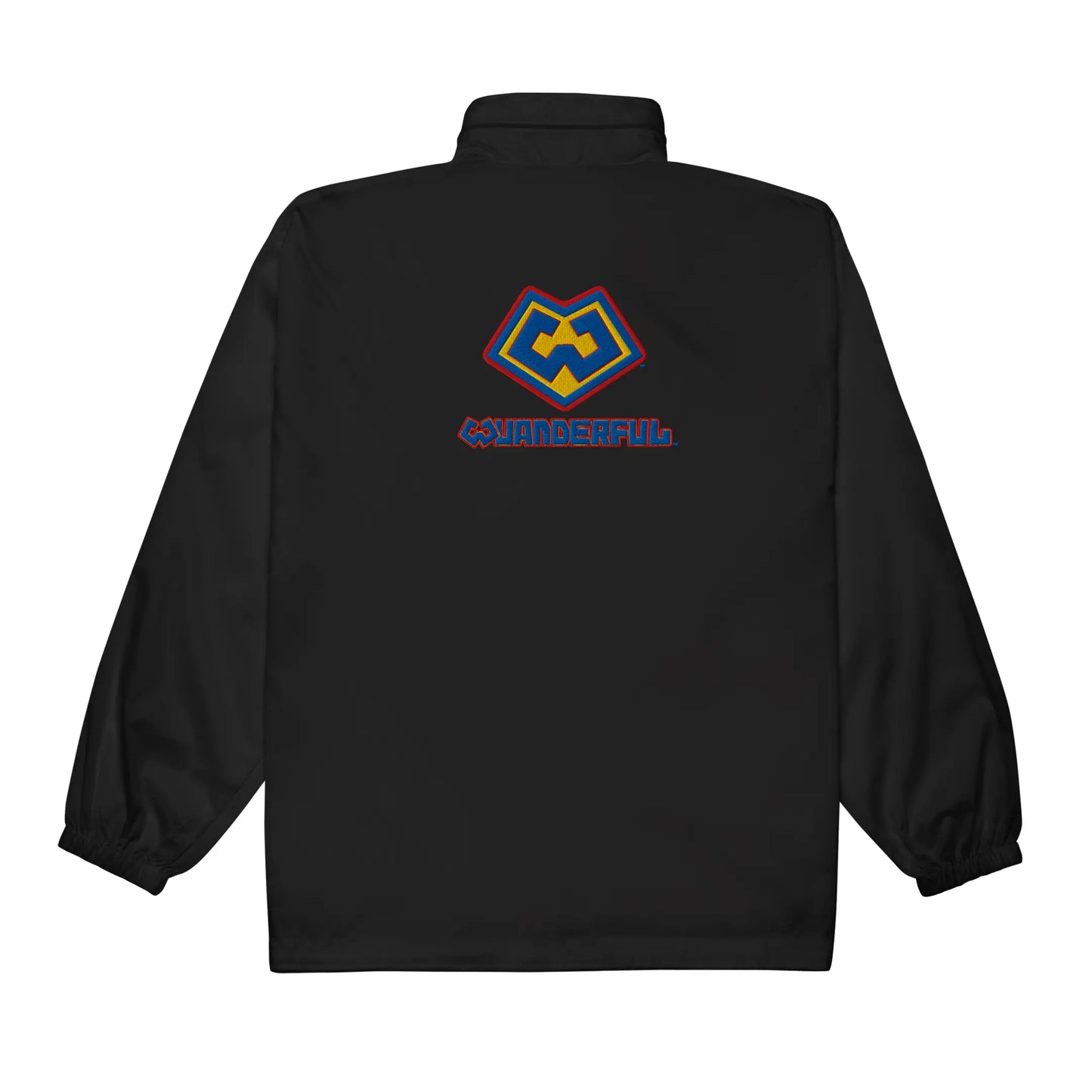 Vista trasera de rompevientos impermeable color negra con logotipo de Wuanderful Locos