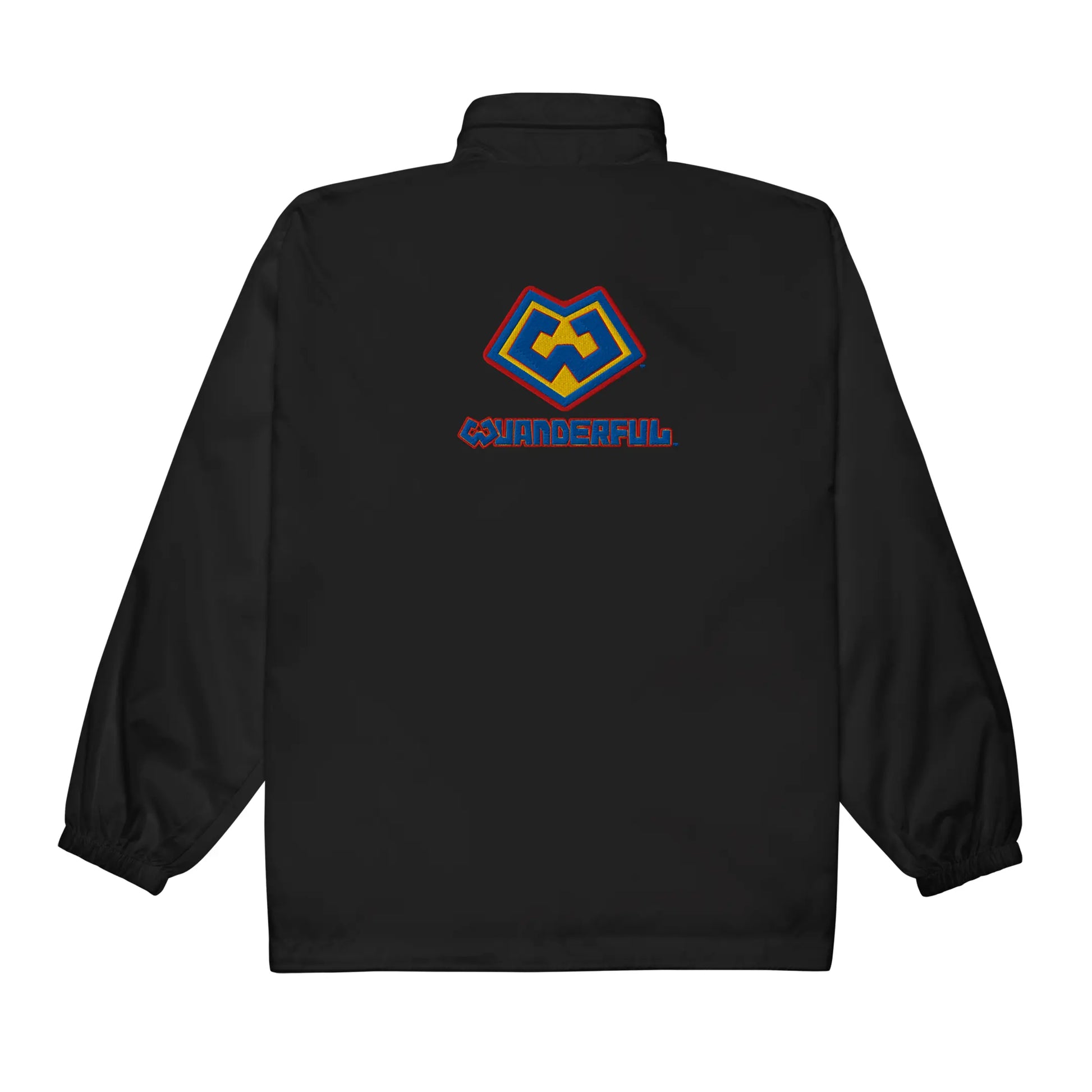 Vista trasera de rompevientos impermeable color negra con logotipo de Wuanderful Locos