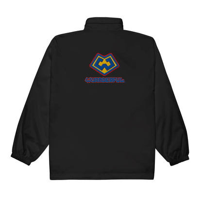 Vista trasera de rompevientos impermeable color negra con logotipo de Wuanderful Locos
