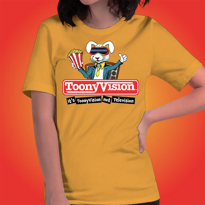 Camiseta amarilla gráfica para mujer con logo ToonyVision y estilo animado.